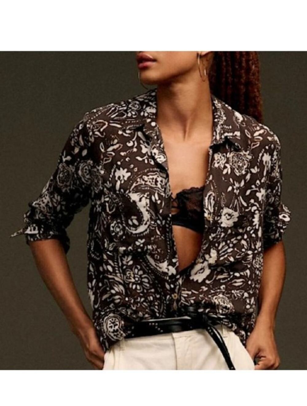 Anthropologie Pilcro Romy Relaxed Button down Shirt Black White Paisley Floral M